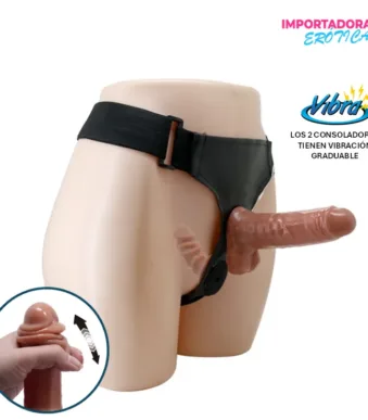 La imagen describe un Arnes Vibrador Doble Penetración piel corrediza