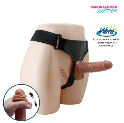 La imagen describe un Arnes Vibrador Doble Penetración piel corrediza