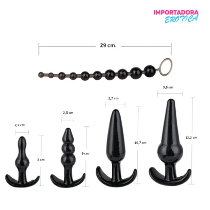 La imagen describe las medidas del kit anal de 6 piezas plug anal con sachet
