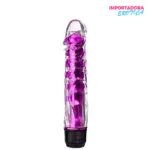 La imagen describe un vibrador jelly flexible de silicona fucsia