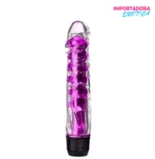 La imagen describe un vibrador jelly flexible de silicona fucsia