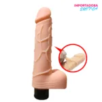 La imagen describe un vibrador realista con testículos