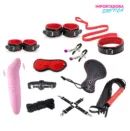 La imagen representa un kit bondage de 11 piezas Nero que incluye un vibrador