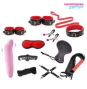 La imagen representa un kit bondage de 11 piezas Nero que incluye un vibrador