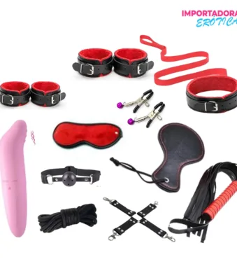 La imagen representa un kit bondage de 11 piezas Nero que incluye un vibrador