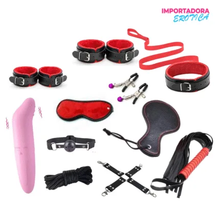 La imagen representa un kit bondage de 11 piezas Nero que incluye un vibrador