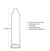 La imagen describe las medidas de un preservativo estra grande ritex